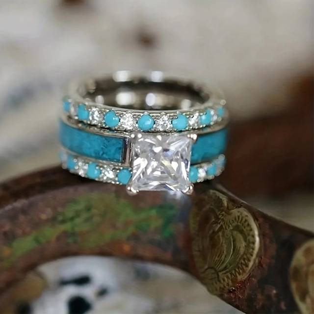 SHEIN 3pcs Euramerican Style Simple Design Engagement Ring With Blue Turquoise Stone For Women