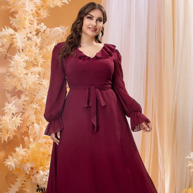 SHEIN Women&#39;s Plus Size V-Neck Ruffle Trim Decor Long Sleeve Chiffon Dress, Bridesmaid Dress