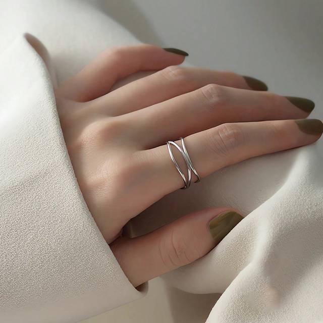 BALMORA 1pc Simple Sterling S925 Silver Retro Geometry Asymmetrical Line Three Layers Elegant Rings For Women Girl Party Entrance School Gift