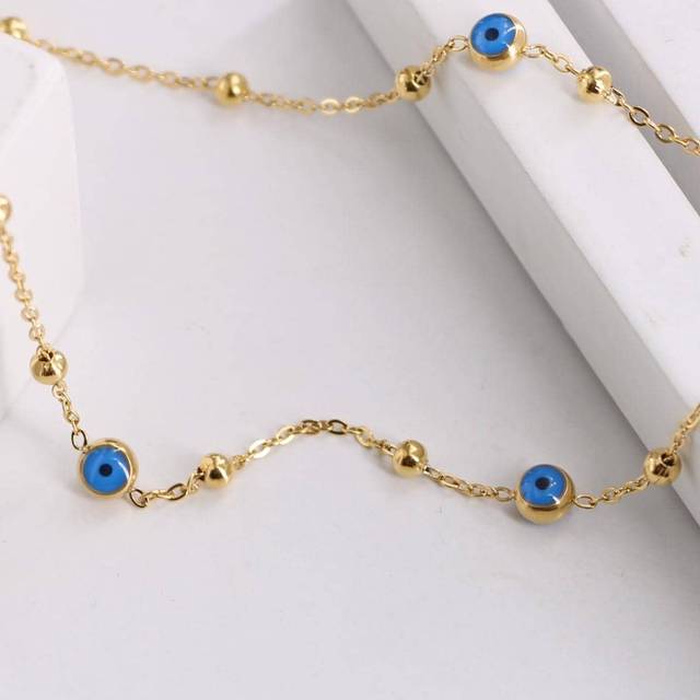 SHEIN 1pc Gold-color Stainless Steel Necklace With 5 Dark Blue Glass Beads And Eye Element For Women