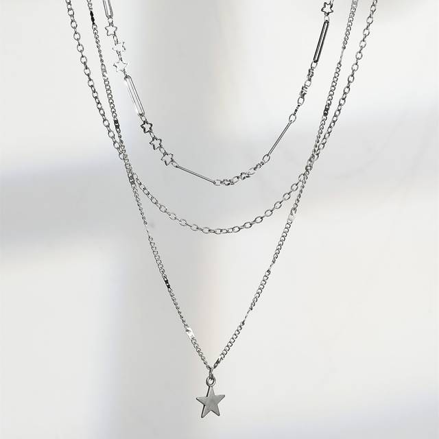SHEIN 1pc Multilayered Silver-colored Handmade Chain Necklace With Sun & Star Charms, Suitable For Women&#39;s Daily Wear