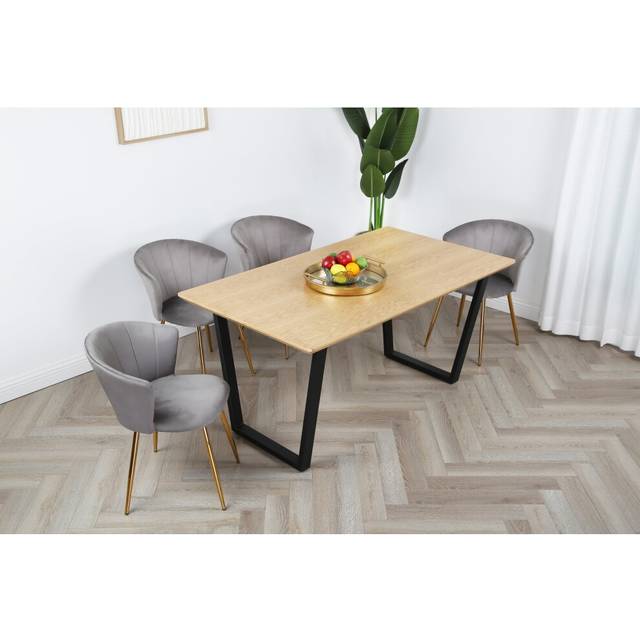 Mill Dining Set - Oak Table with 4 Velvet Chairs - Mid Grey - One Size