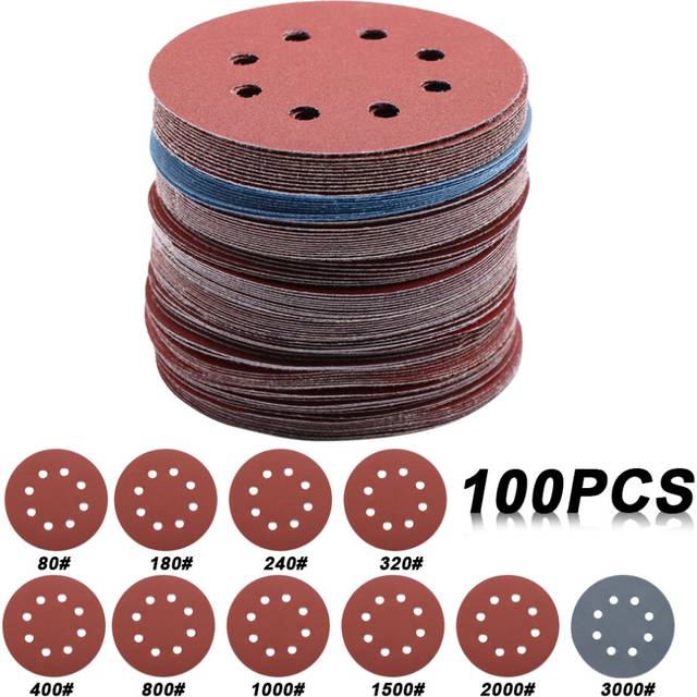 100pcs 5Inch 125mm Round Sandpaper 8 Holes Disk Sand Sheets Grit 80-3000 Hook and Loop Sanding Disc Abrasives for Polish