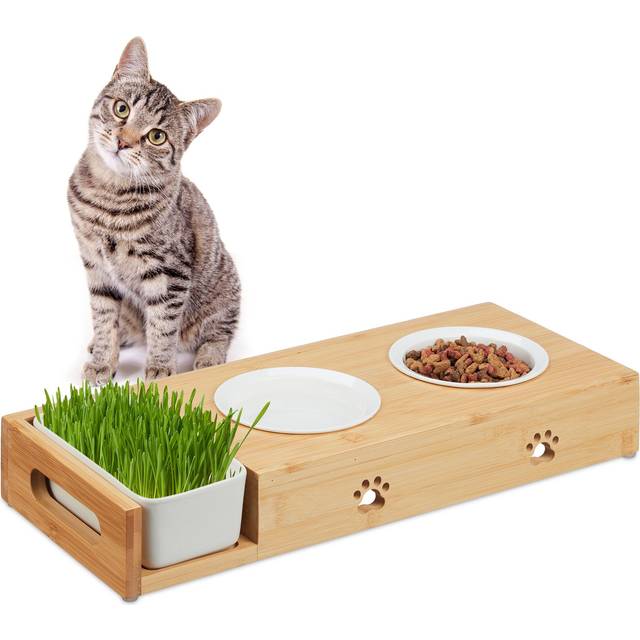 Relaxdays - Cat Feeding Station, with Pet Grass Bowl, 2 Ceramic Bowls 250 ml each, Dishwasher Safe, Stand, Natural/White