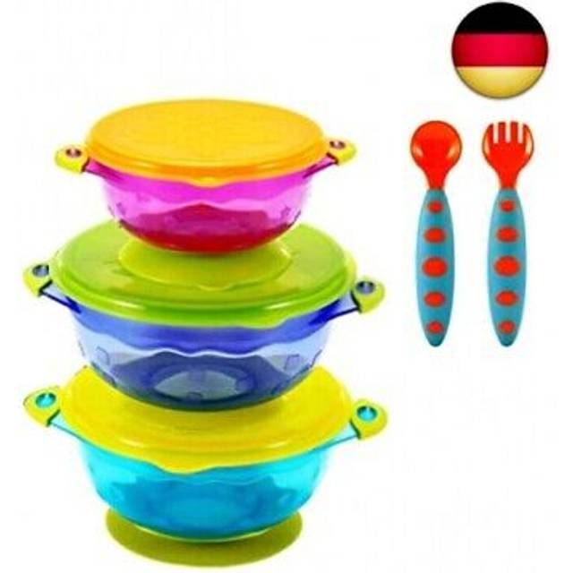 Stay Put Spill Proof Stackable Baby Suction Bowls 3 Sizes for Toddlers with Silicone Feeding Utensils and Secure Lids BPA Free