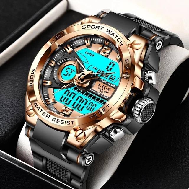 (Rose Black) LIGE New Sports Men&apos;s Watches Top Brand Luxury Military Quartz Watch Men Waterproof
