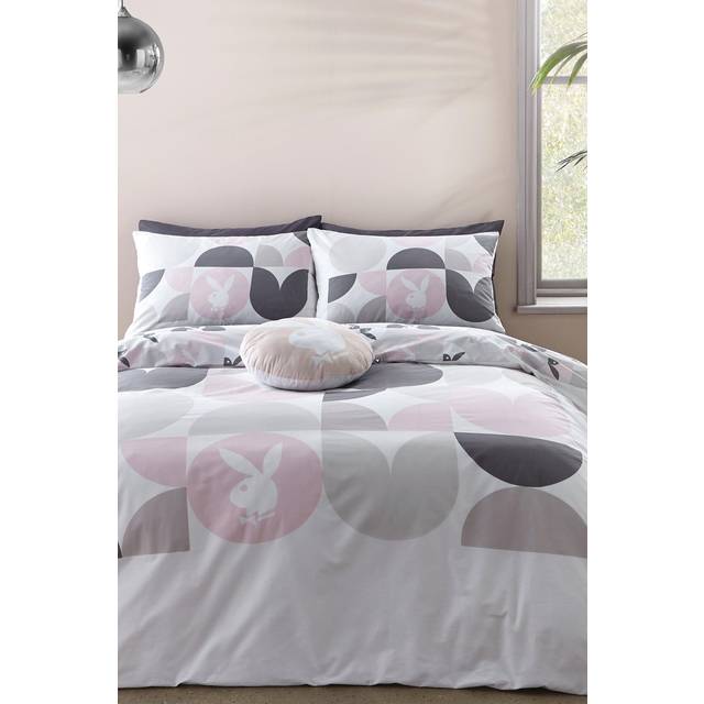 Playboy Bedding Retro Geo Reversible Bunny Double Duvet Cover Set with Pillowcases White