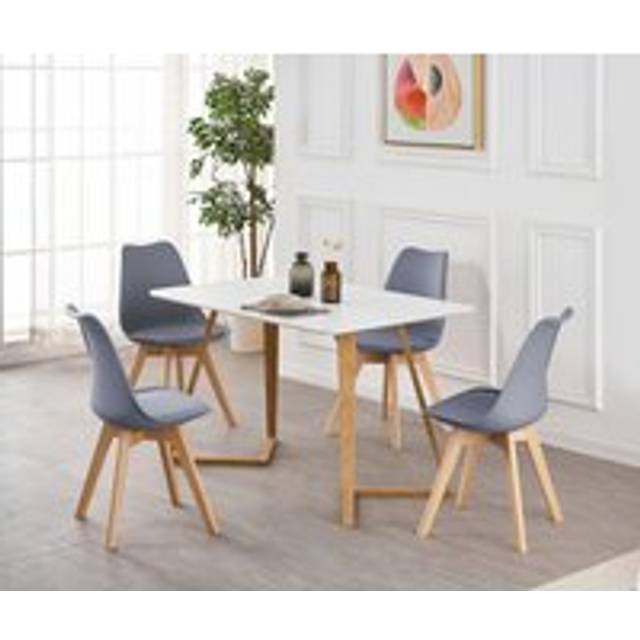 Life Interiors Dallas Lorenzo Dining Set - A White Rectangular Wooden Dining Table And Set Of 4 Plastic Dining Chairs With Padded Cushions- Grey, Grey