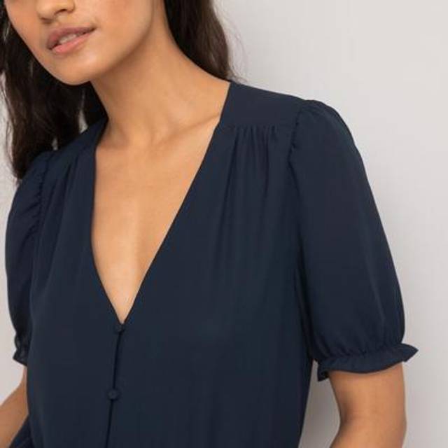 V-Neck Short Sleeve Blouse - Navy Blue - 10