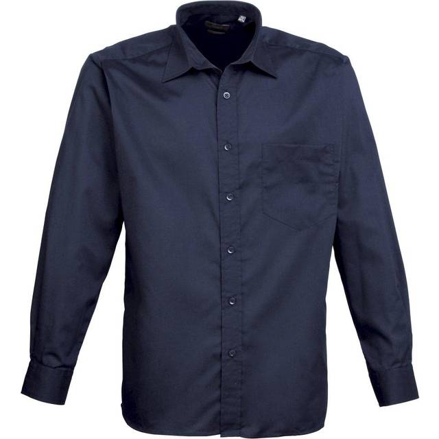 (17, Navy) Premier Mens Long Sleeve Formal Plain Work Poplin Shirt