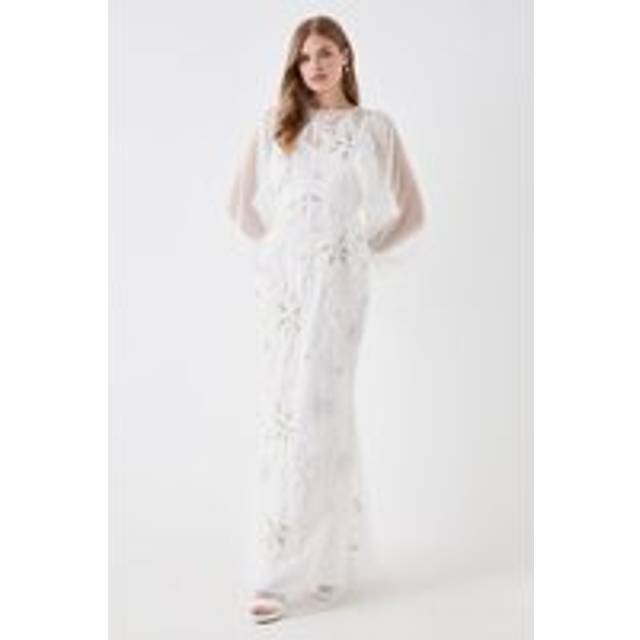 Applique Drop Sleeve Mesh Wedding Dress - Ivory - 8