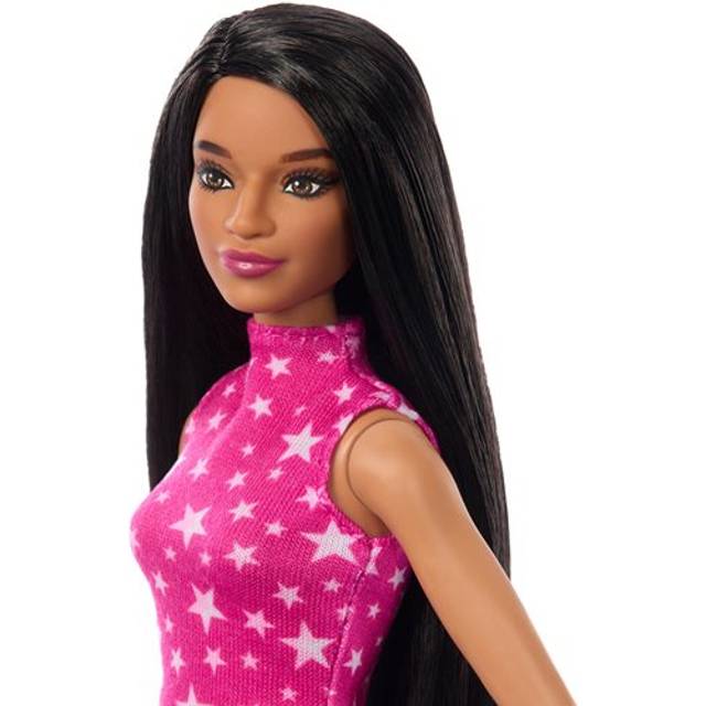 Barbie Fashionistas-docka nr 215 med svart rakt hår, stjärnmönstrad rosa topp och regnbågsskimrande kjol, samlardocka för 65-årsjubiléet, HRH13