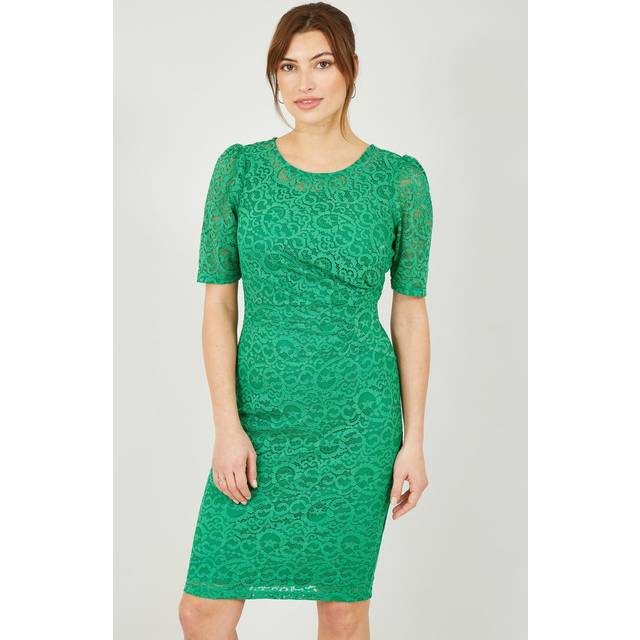 Yumi Womens Green Ruched Lace Dress - Size 8 UK