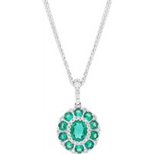 18ct White Gold Emerald Diamond Cluster Oval Pendant - White Gold