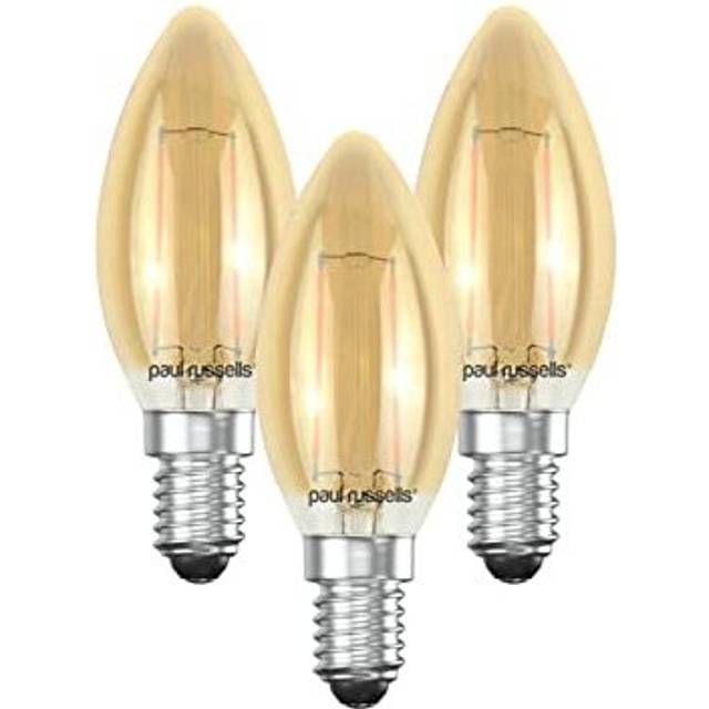 paul russells E14 Small Edison Screw LED Filament - Pack of 3 â 2.5W 25W Equivalent 250LM Lumen 2200K Amber SES Candle C35 Bulbs â Energy Saving