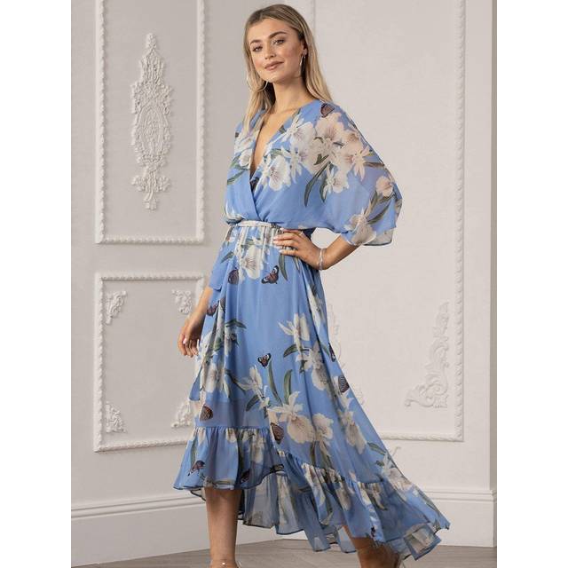 Light Blue Floral Kimono Sleeves Dip Hem Wrap Midi Dress - 8