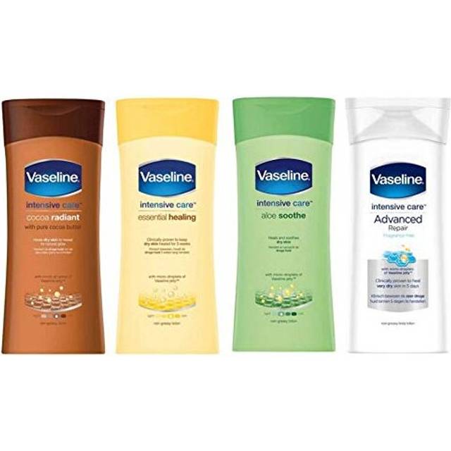 Vaseline Intensive Care Set - 4 x 200ml Non Greasy Body Lotion Bundle. Cocoa Radiant, Essential Healing, Aloe Soothe and Advanced Repair. Heals Dry