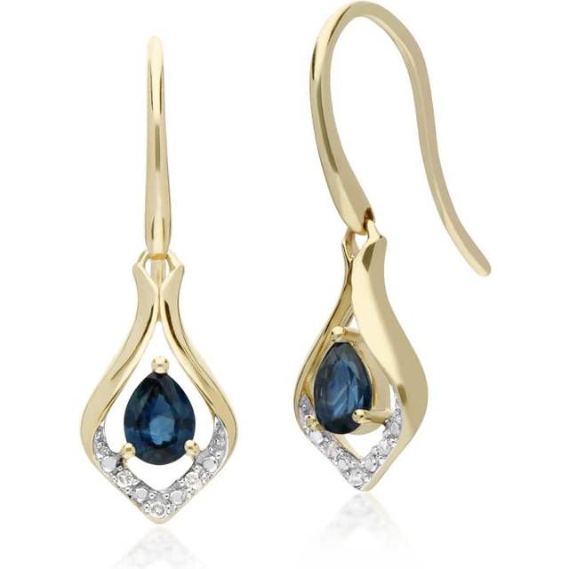 Classic Pear Sapphire & Diamond Leaf Halo Drop Earrings in 9ct Yellow Gold