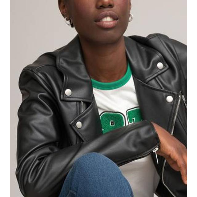 Cropped Biker Jacket in Faux Leather - Black - 22