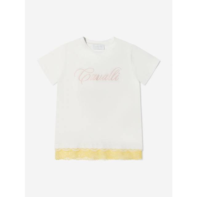 Roberto Cavalli Girls Cotton Logo T-Shirt With Lace Hem - White - Size 14Y