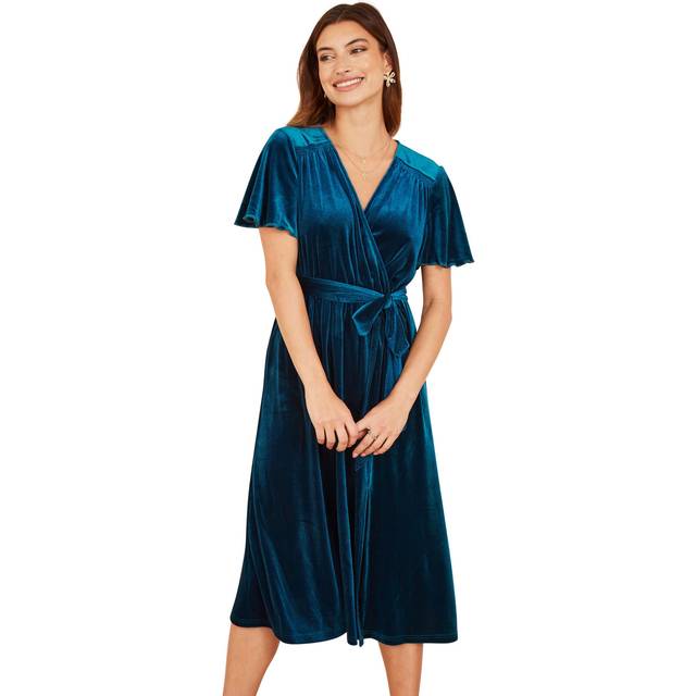 Yumi Womens Teal Wrap Over Midi Dress With Angel Sleeves and Split Hem - Size 8 UK