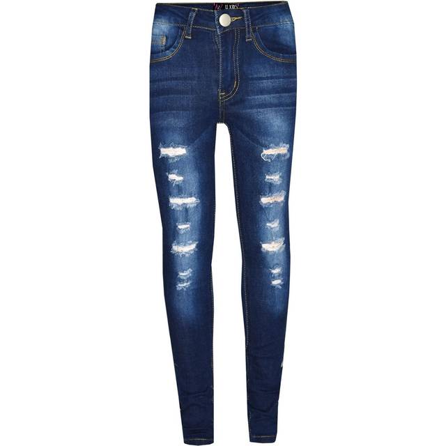 (3-4 Years, Dark Blue) Girls Skinny Dark Blue Jeans Denim Ripped Pants