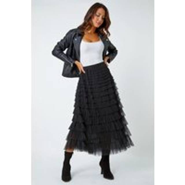 Roman Black Elasticated Mesh Tiered Ruffle Skirt - Size 12