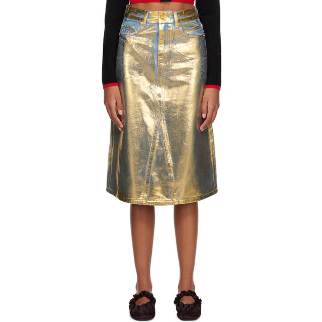 GANNI Blue & Gold Foil-Coated Denim Midi Skirt - 339 Gold - DK 34