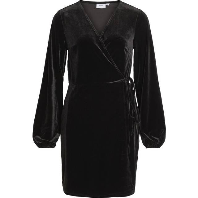 Vila - Omlottklänning viKatja L/S Short Velvet Wrap Dress - Svart