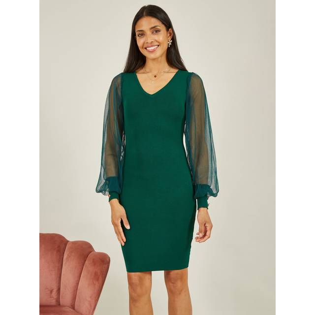 Yumi Womens Green Knitted Body Con Dress With Chiffon Sleeve viscose - Size Small