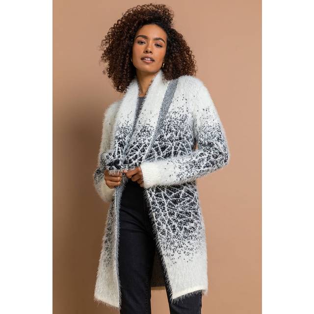 Roman Womens Mosaic Print Fluffy Cardigan - Ivory - Size 12 UK