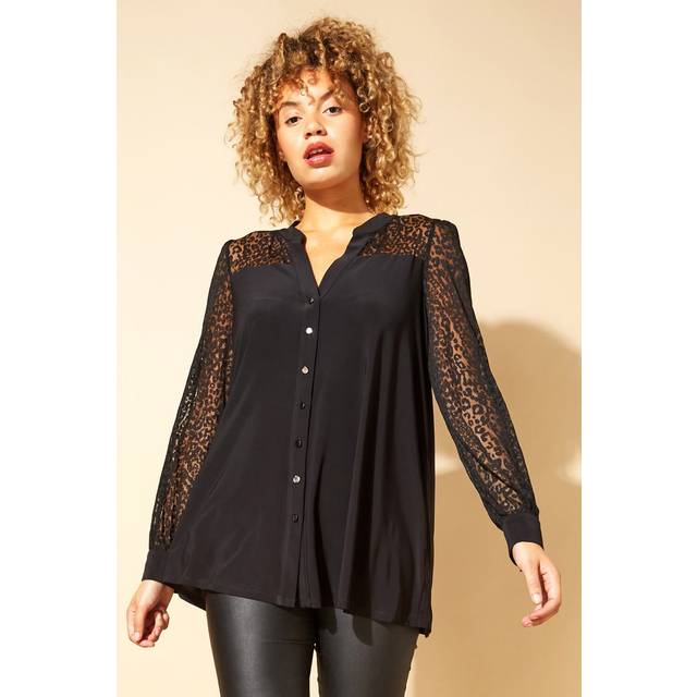 Animal Print Mesh Detail Long Sleeve Blouse - Black - 12