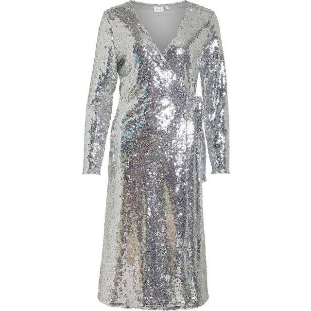 VILA Vijuliana L/S Wrap Midi Sequins Dress/Ka |Silver |XS