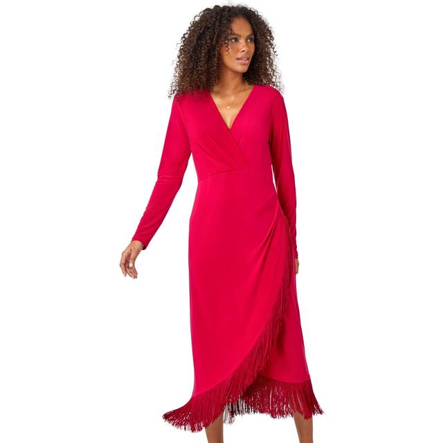 Dusk Magenta Tassel Trim Stretch Wrap Dress - Size 12