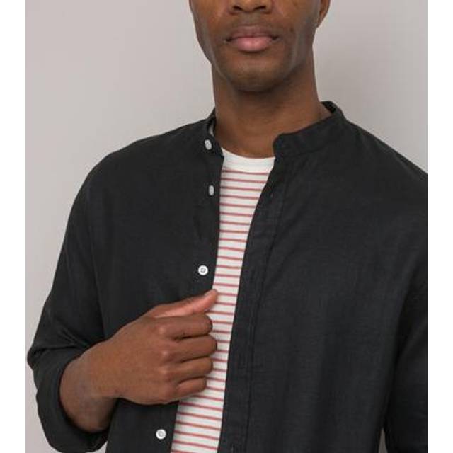 Regular Fit Shirt with Mao Collar in Linen, Signature, Aurele - Black - 14.5/15"