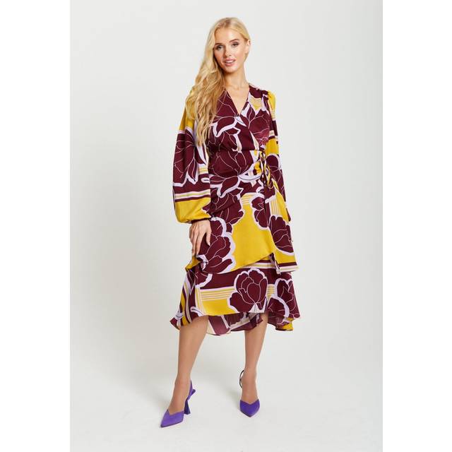 Womens Geometric Floral Print Midi Wrap Dress In Mustard And Burgundy - Red - 12