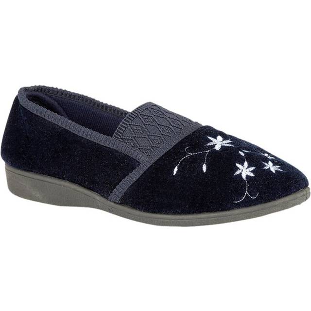 Zedzzz Joanna Embroidered Slippers Womens | Slip On Shoes  | Navy  | UK Size 8