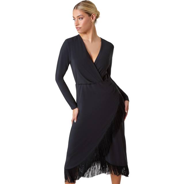 Dusk Womens Tassel Trim Stretch Wrap Dress - Black - Size 8 UK