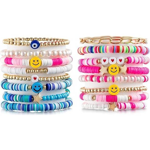 I Bracelet Set Colorful Platinum Smiling Heart Star Evil Eyeball Polymer Clay Pearl Stackable Charm Summer Beach Bohemian Layered Bracelet
