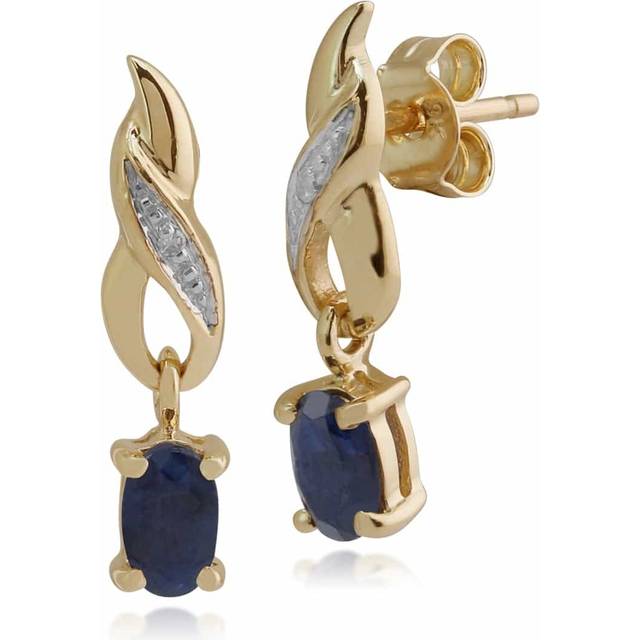 Art Nouveau Oval Sapphire & Diamond Drop Earrings in 9ct Yellow Gold