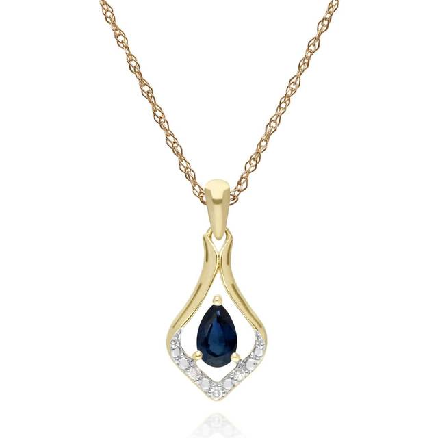 Classic Pear Sapphire & Three Diamond Leaf Halo Pendant in 9ct Yellow Gold