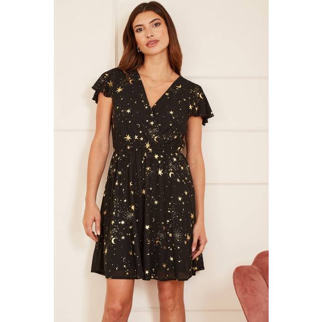 Mela London Womens Black Foil Star Print Wrap Skater Dress - Size 10 UK