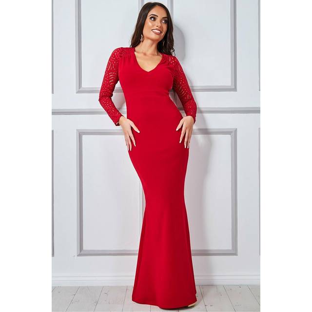 Goddiva Lace Back Full Sleeve Maxi Dress - Red - 10