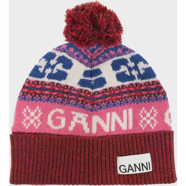 GANNI Red Graphic Wool Beanie - 999 Multicolour - UNI