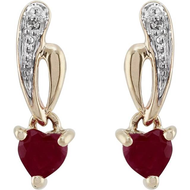 Art Nouveau Style Heart Ruby & Diamond Drop Earrings in 9ct Yellow Gold