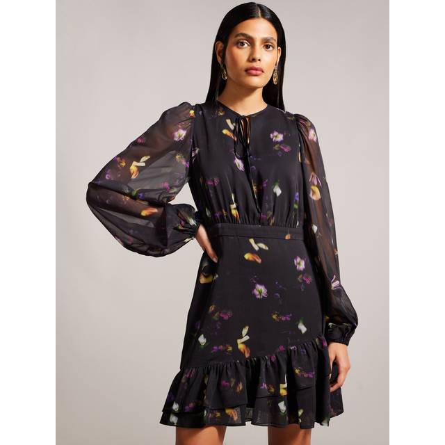 Ted Baker Nikaii Floral-Print Chiffon Mini Dress - UK 6 - Black