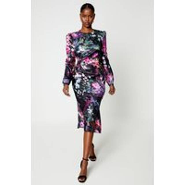 Long Sleeve Satin Jacquard Midi Dress - Black - 8
