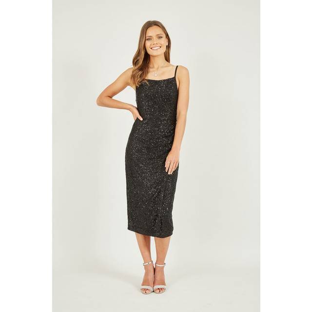 Mela London Womens Black Sequin Fitted Wrap Midi Dress - Size 16 UK