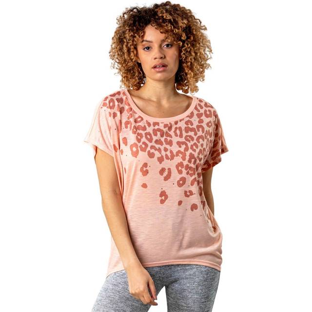 Roman Womens Animal Print Diamante Embellished T-Shirt - Pink - Size Small/Medium