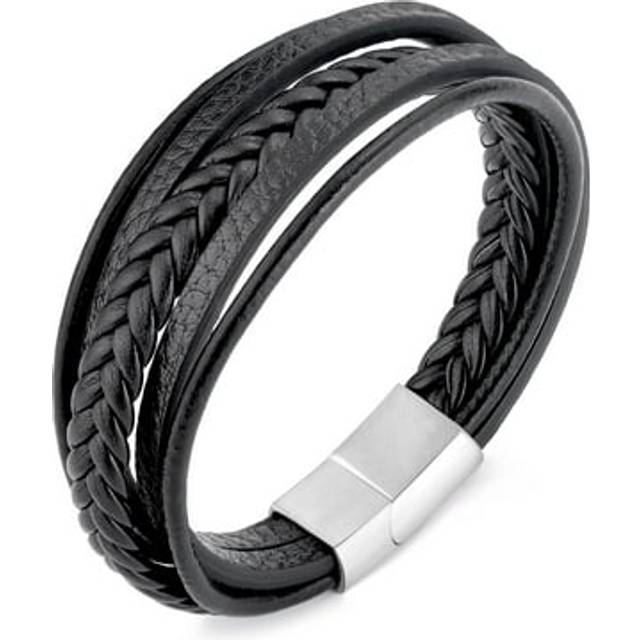 Men's genuine black leather bracelet with stainless steel clasp
